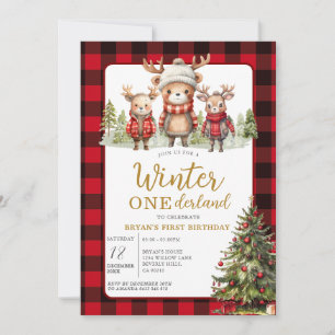 Christmas Winter Onederland Animal Birthday Plaid Invitation