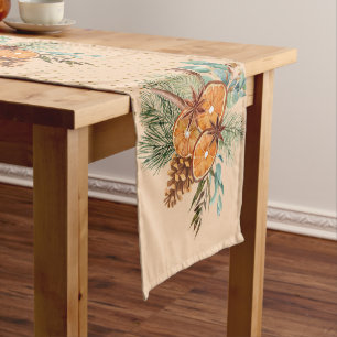 Christmas Winter Orange Pine Watercolor   Short Table Runner