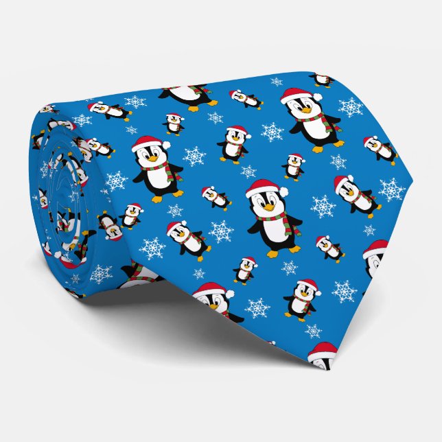 Christmas Winter Penguin on Custom Blue Background Tie (Rolled)
