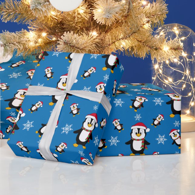 Christmas Winter Penguin on Custom Blue Background Wrapping Paper (Holidays)