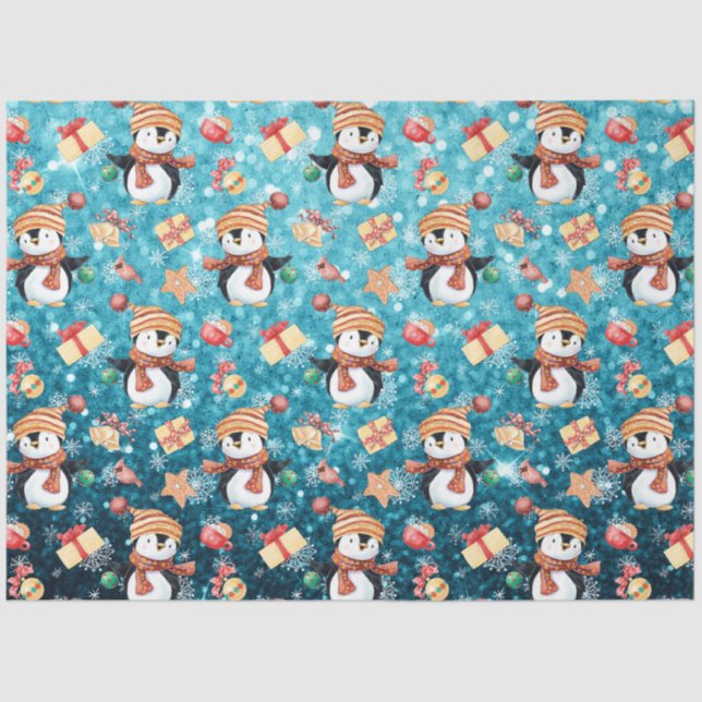 Christmas Winter Penguins Snowflakes Blue for Kids Tissue Paper (Front)