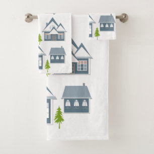 Christmas winter picture grey houses green trees w bath towel set