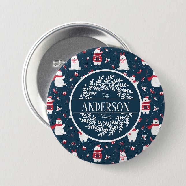 CHRISTMAS WINTER POLAR BEAR FAMILY MONOGRAM 3 INCH ROUND BUTTON (Front & Back)