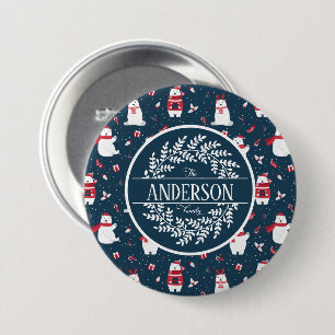CHRISTMAS WINTER POLAR BEAR FAMILY MONOGRAM 3 INCH ROUND BUTTON