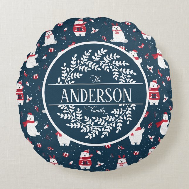 CHRISTMAS WINTER POLAR BEAR FAMILY MONOGRAM ROUND PILLOW (Front)
