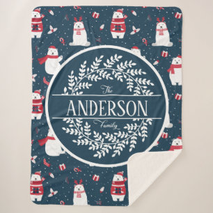 CHRISTMAS WINTER POLAR BEAR FAMILY MONOGRAM SHERPA BLANKET