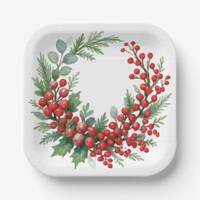 Christmas winter red berries with greenery paper plate (Front)
