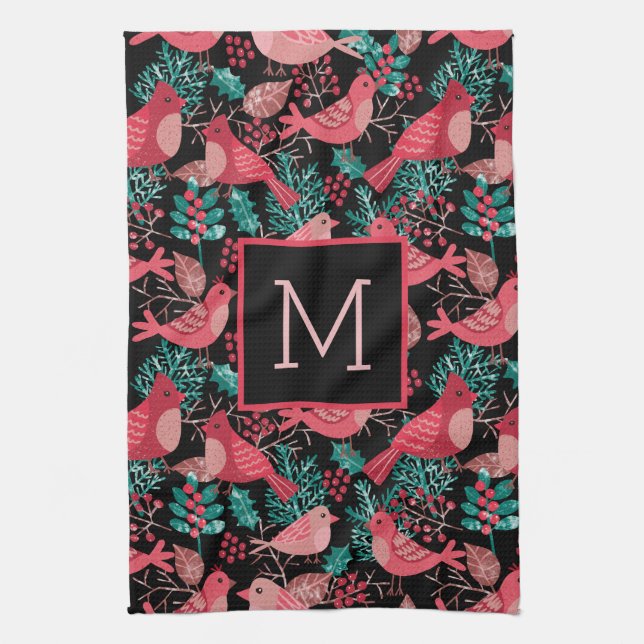 Christmas Winter Red Bird Berries Holiday Kitchen Towel (Vertical)