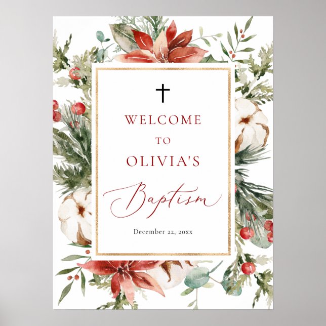 Christmas Winter Red Gold Baptism Welcome Sign (Front)