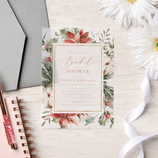 Christmas Winter Red Gold Greenery Bridal Shower Vellum Invitations (Wedding)