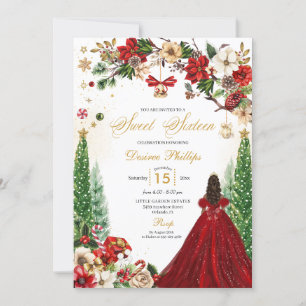 Christmas Winter Red Gold Poinsettia Sweet Sixteen Invitation