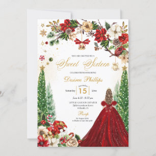 Christmas Winter Red Gold Poinsettia Sweet Sixteen Invitation