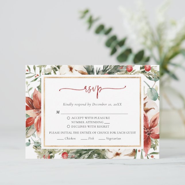 Christmas Winter Red Green Gold Wedding RSVP Card (Standing Front)