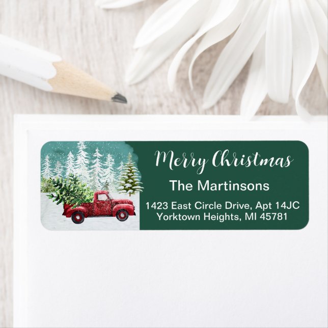 Christmas Winter Red Truck Tree Adresse de retour (En situation)
