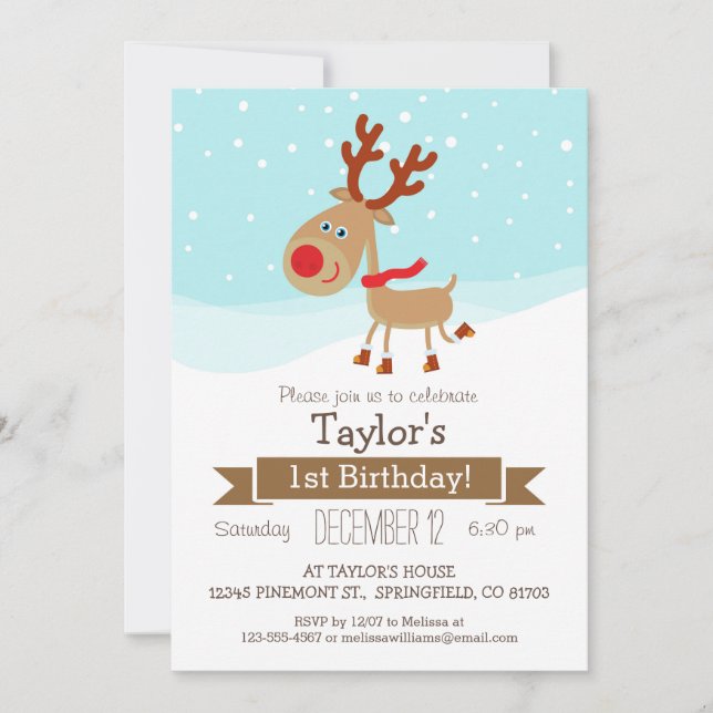 Christmas Winter Reindeer, Kid's Birthday Party Invitation (Front)