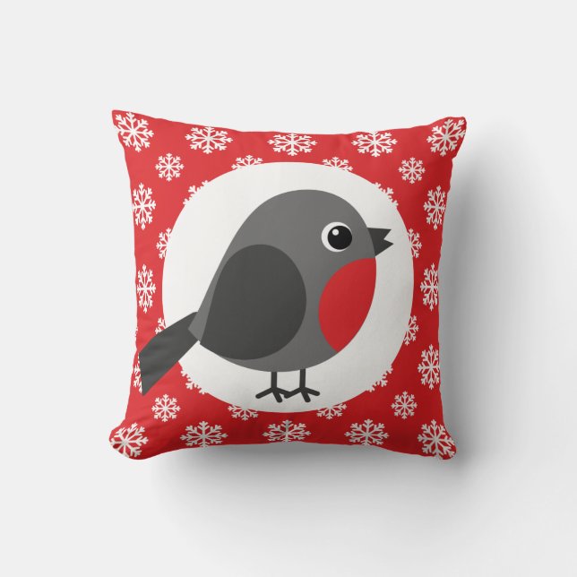 Christmas / Winter Robin Snowflakes Red Throw Pillow (Front)