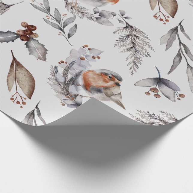Christmas Winter Robin Watercolor Wrapping Paper (Corner)