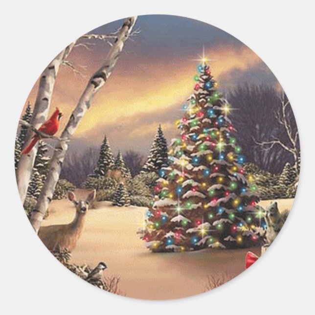 Christmas Winter Scene Classic Round Sticker (Front)