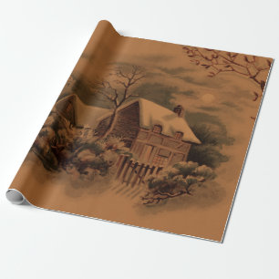christmas winter scene golden wrapping paper