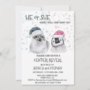 Christmas Winter Seal Penguin Gender Reveal Invitation