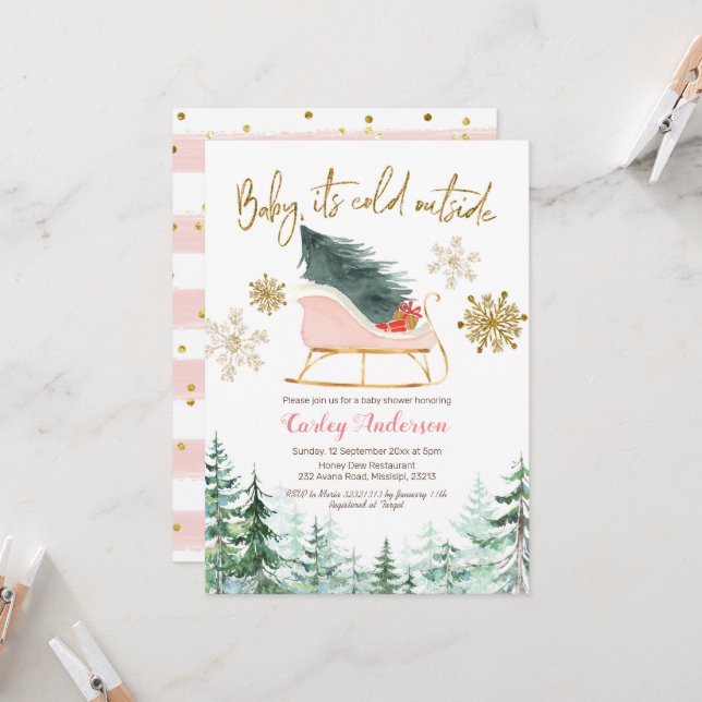 Christmas Winter Sleigh baby it's cold outside Invitation (Front/Back In Situ)
