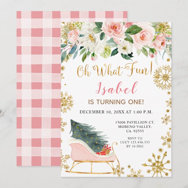 Christmas Winter Sleigh Oh What Fun First Birthday Invitation (Front/Back)