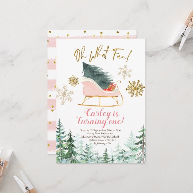 Christmas Winter Sleigh Oh What Fun First Birthday Invitation (Front/Back In Situ)