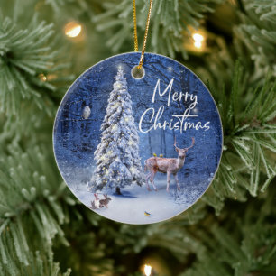 Christmas Winter Snow Covered Tree Lights  Ceramic Ornament