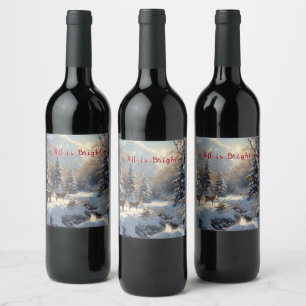 Christmas Winter Snow Deer River All is Bright Wine Label