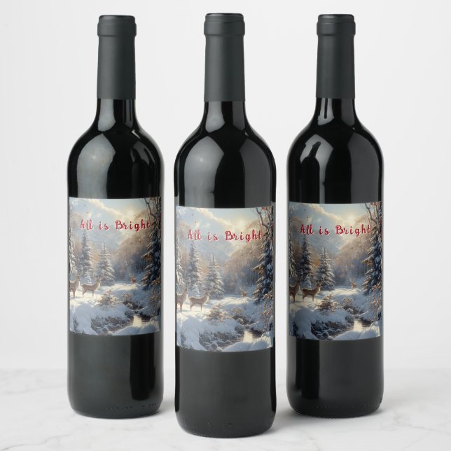 Christmas Winter Snow Deer River All is Bright Wine Label (Bottles)