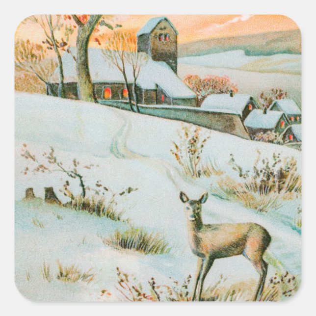 Christmas Winter Snow Landscape and Deer Holiday Square Sticker (Front)