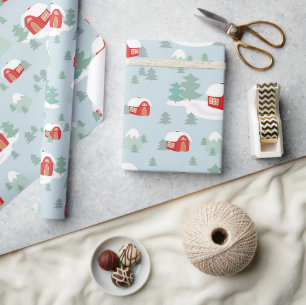 Christmas Winter Snow Red Cabin   Holidays Wrapping Paper