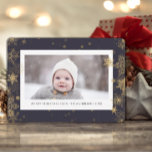 Christmas Winter Snowflakes | Gold Elegant Photo Holiday Card<br><div class="desc">Send customizable and personalized holiday greetings to friends, colleagues and family in simple, minimalist, elegant, fun, festive and modern photo cards! A beautiful frame of variety of gold winter snowflakes on navy blue background surrounds your photo on round edge paper. The custom greeting 'Merry Christmas' and your family name features...</div>