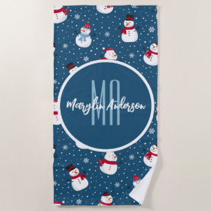 CHRISTMAS WINTER SNOWMAN CUSTOMIZABLE MONOGRAM BEACH TOWEL