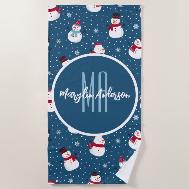 CHRISTMAS WINTER SNOWMAN CUSTOMIZABLE MONOGRAM BEACH TOWEL (Front)