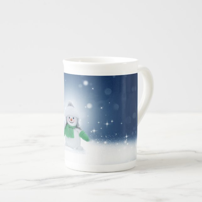 Christmas winter snowman SlipperyJoe green scarf m Bone China Mug (Front Right)