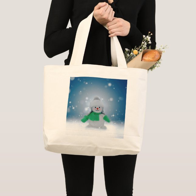 Christmas winter snowman SlipperyJoe green scarf m Large Tote Bag (Front (Product))