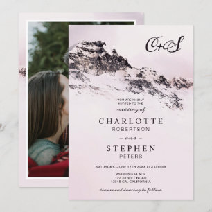 Christmas winter snowy mountain pink wedding photo invitation
