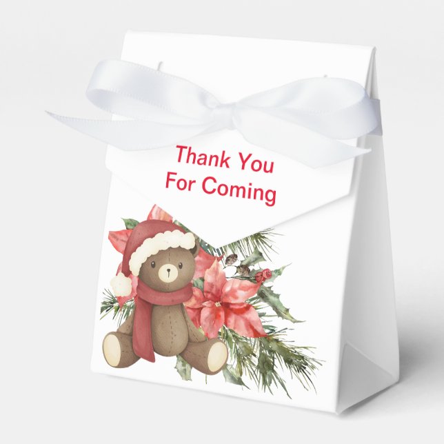 Christmas winter teddy bear poinsettia  favor box (Front Side)