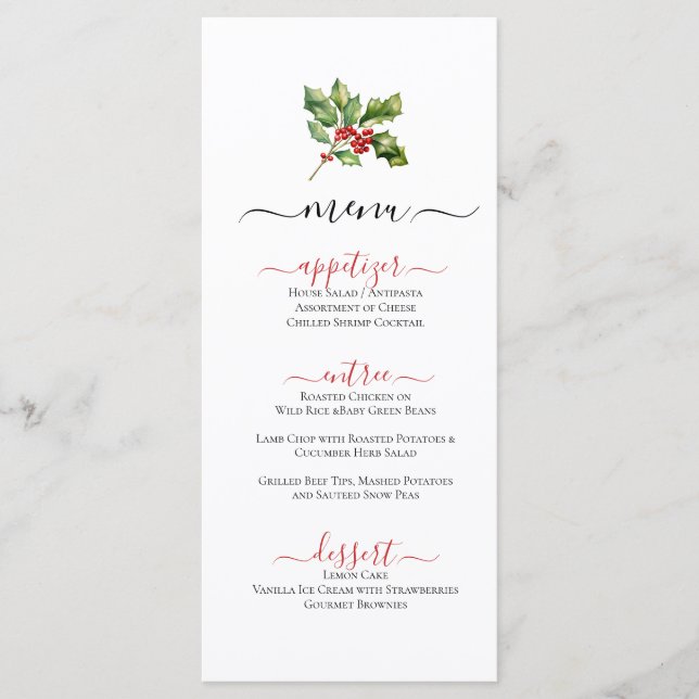 Christmas Winter Themed Holly Sprig Flat Menu (Front)