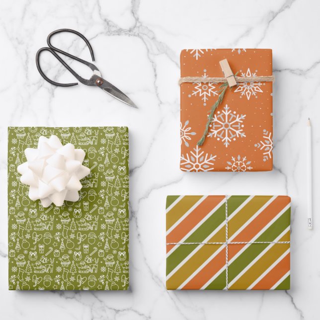 Christmas Winter Themed Olive Orange Gold Holiday Wrapping Paper Sheet (Front)