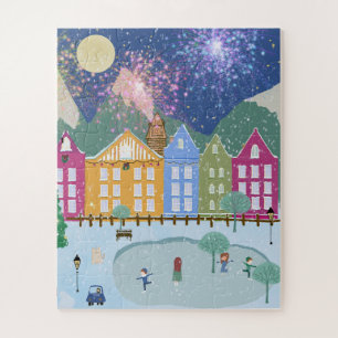 Christmas Winter village Ice skating skaters Jigsaw Puzzle