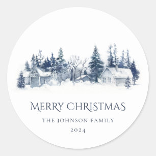 Christmas Winter Village Landscape Blue White Classic Round Sticker