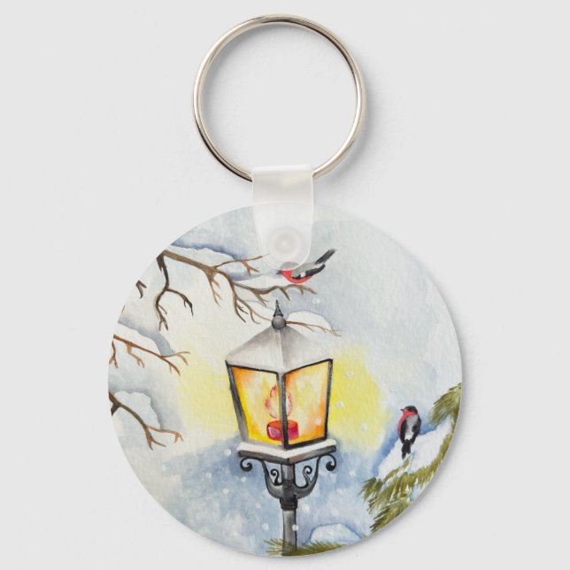 Christmas winter watercolor landscape keychain (Front)