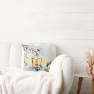 Christmas winter watercolor landscape throw pillow