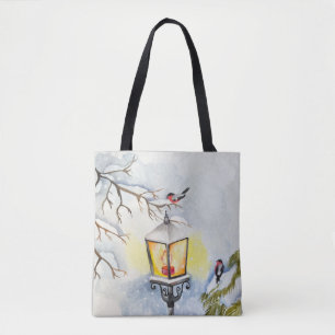 Christmas winter watercolor landscape tote bag