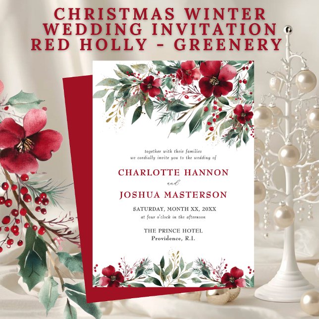 Christmas Winter Wedding Red Holly and Greenery Invitation (Creator Uploaded)