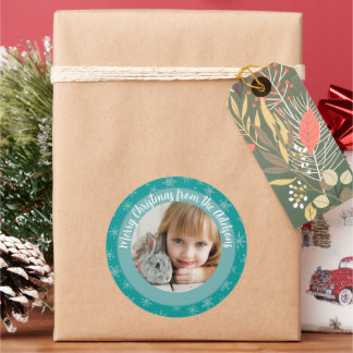 Christmas Winter White & Aqua Snowflakes Photo Classic Round Sticker