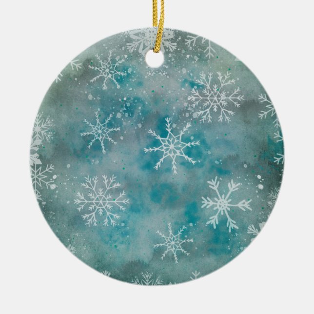 Christmas Winter White Snowflakes On Blue  Ceramic Ornament (Front)