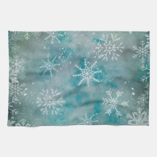 Christmas Winter White Snowflakes On Blue Kitchen Towel